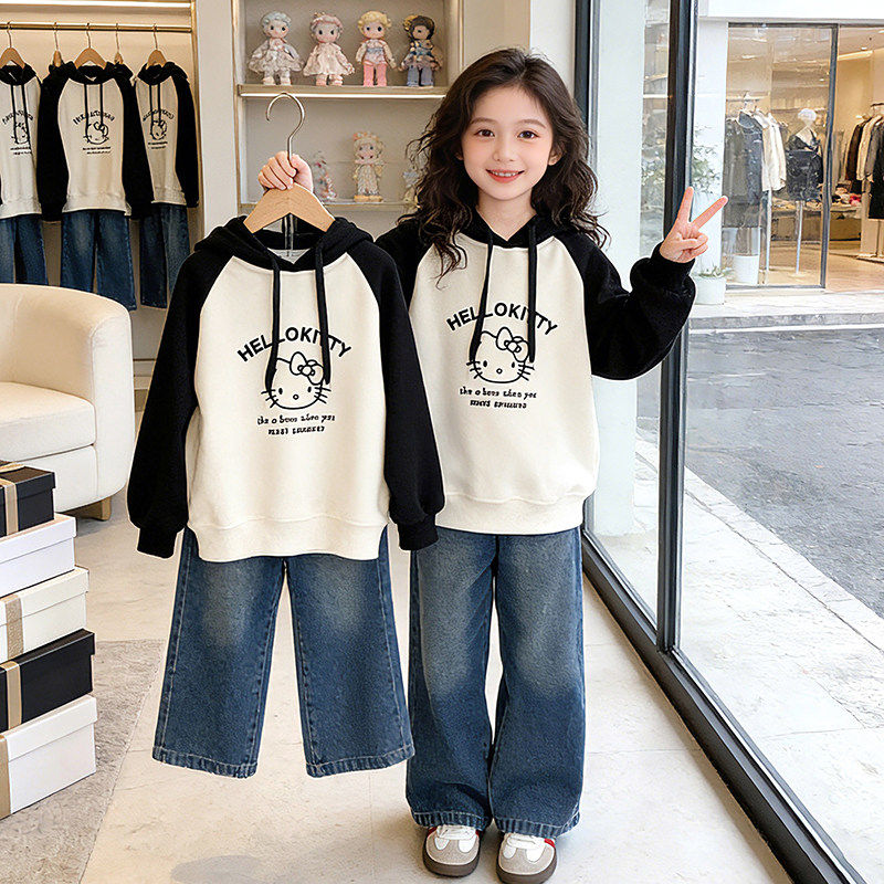 女童大童春季2026新款装套装连帽洋气儿童女孩卫衣春秋时髦两件套