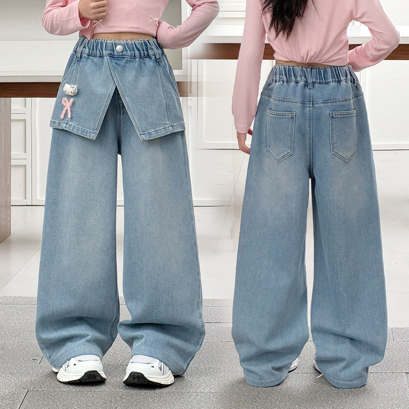 裤裙两件春款裤子女孩新款中大童儿童阔腿裤洋派假2026女童牛仔裤