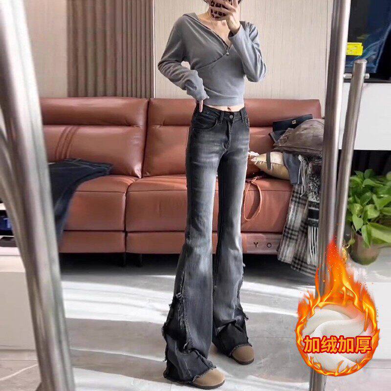 新款牛仔裤冬装裤子修身初中喇叭裤儿童加绒微喇女孩女童大童黑色