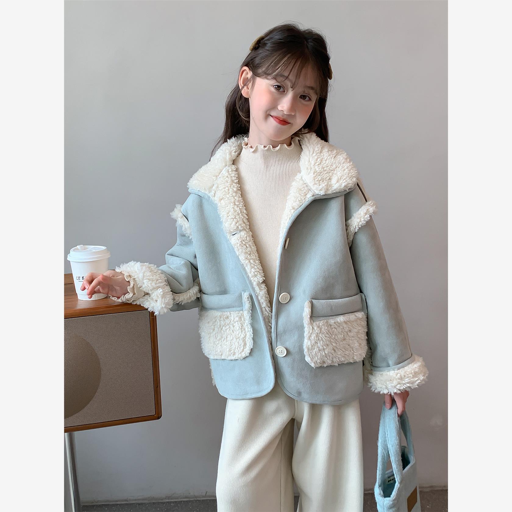 女童加绒外套2025新款儿童洋气皮毛一体中大童冬季保暖加厚上衣潮