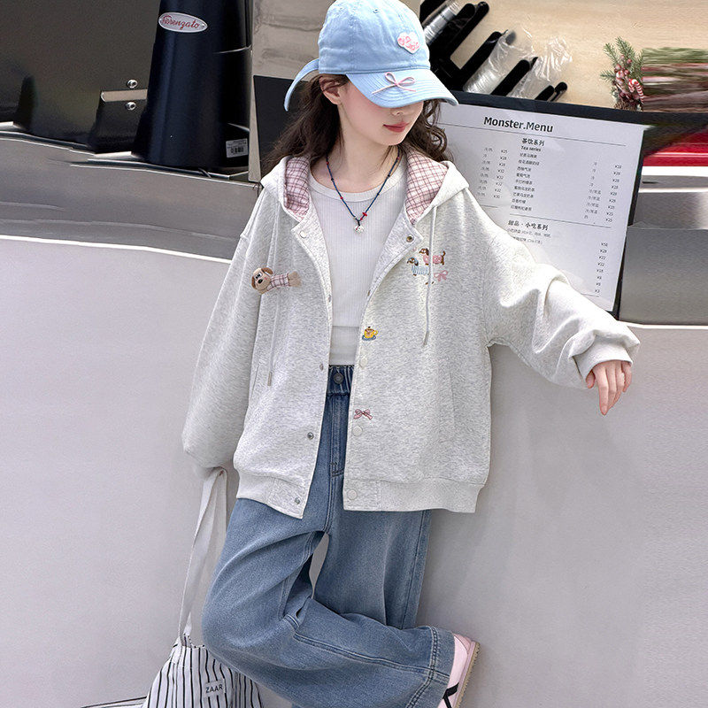 春秋服连帽开衫中大童外套新款卫衣棒球时髦儿童春装2026女童洋气