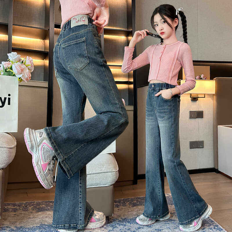 中童装儿童女孩女童新款春秋2025长裤裤子弹力牛仔裤大喇叭修身潮