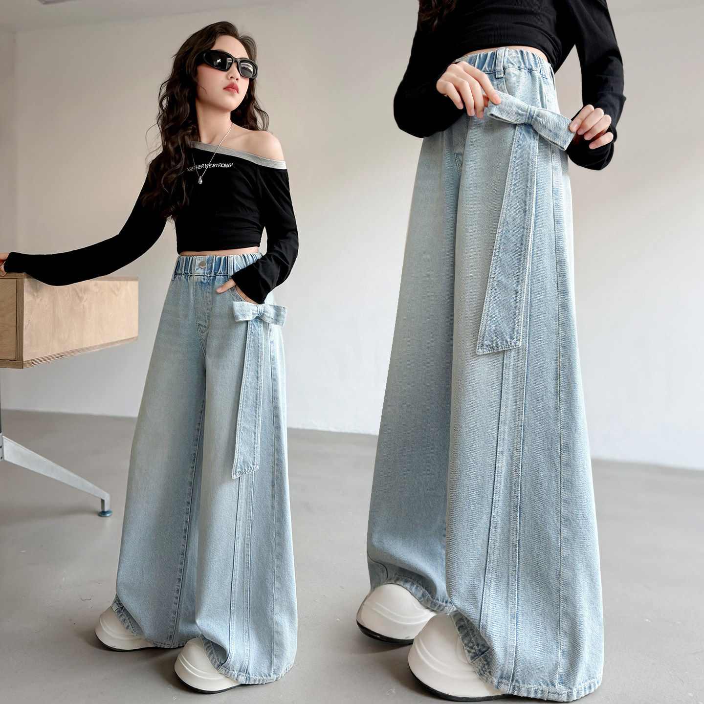 女童牛仔裤春秋春装宽松女大童韩版春款小学生阔腿裤休闲儿童裤子