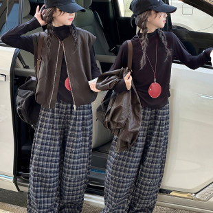 新款 2025皮衣秋冬打底儿童三件套女童洋气套装 子大童马甲春秋衫 裤