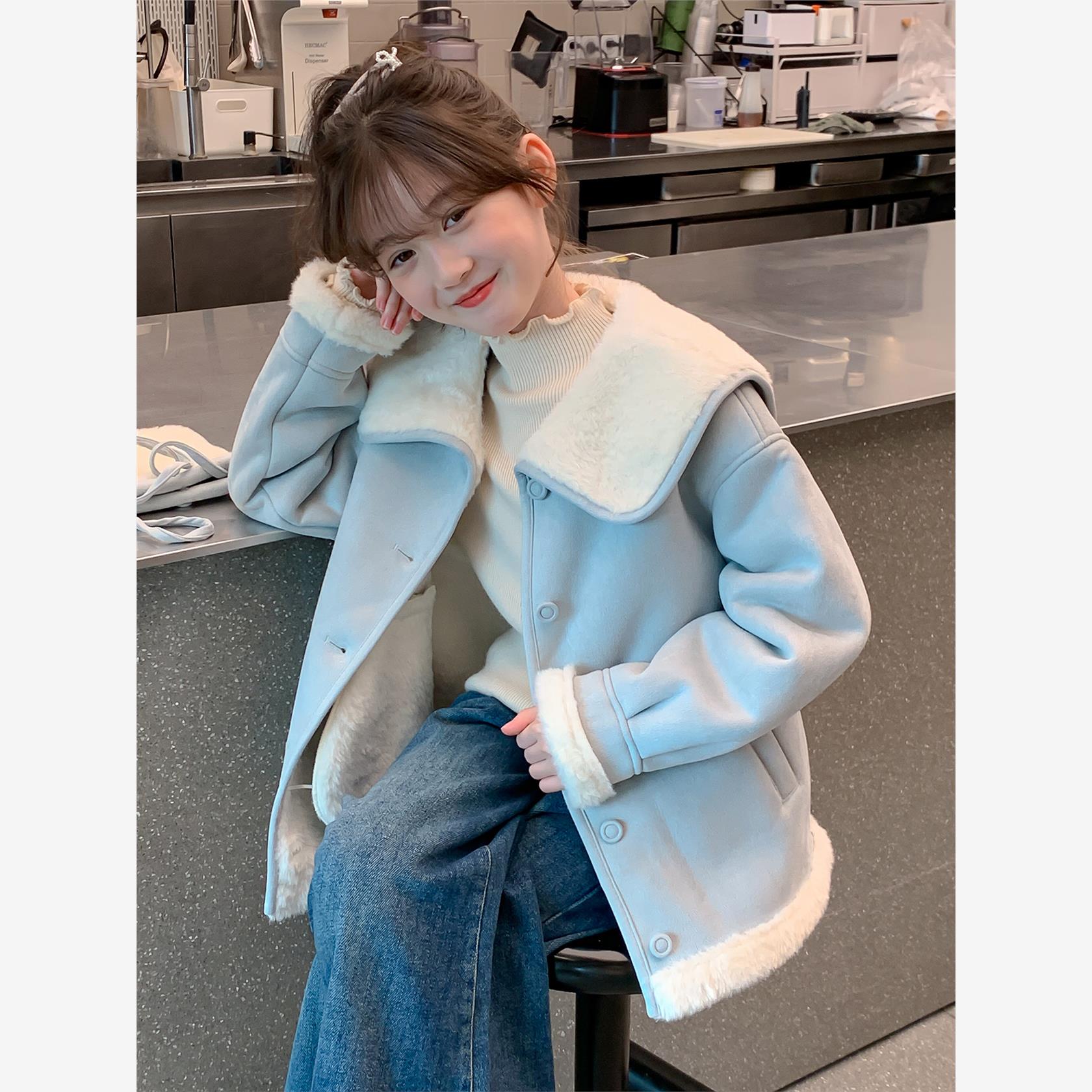 女童海军领皮毛一体外套2025新款中大童羊羔绒加厚棉衣儿童冬季潮