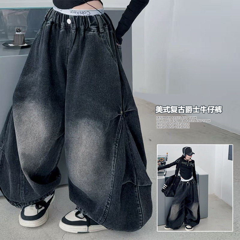 牛仔裤裤弯刀灯笼裤嘻哈潮牌春秋女童儿童痞帅春装炸街女孩款工装