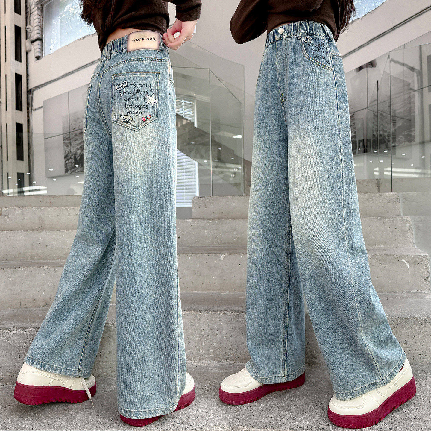 洋气酷飒春秋新款女童2026裤子牛仔裤刺绣时尚潮直筒窄版长裤儿童