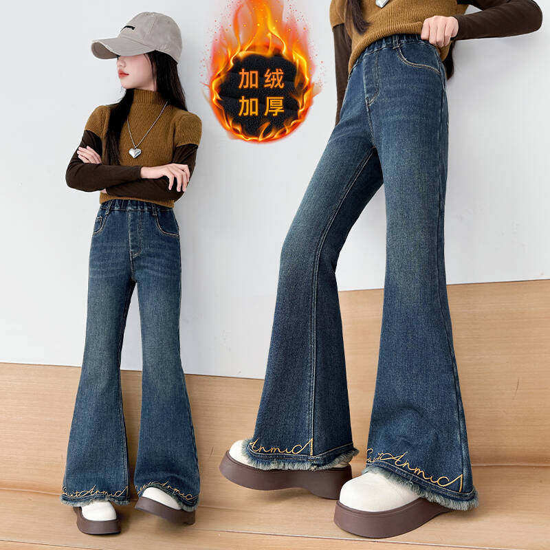 儿童冬天加厚冬季微喇长裤喇叭裤加绒牛仔裤秋冬修身裤子女童大童