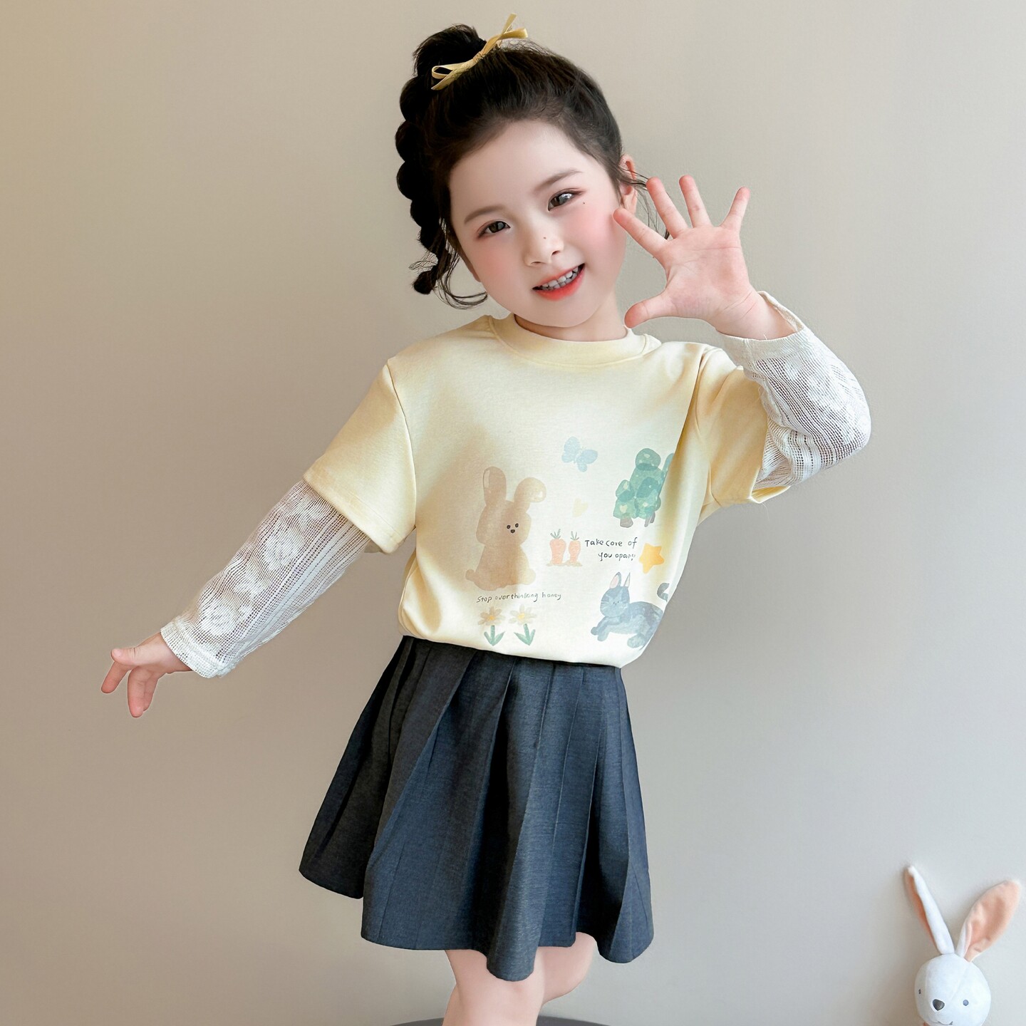 超两件打底好看春秋2026假时髦T恤洋气长袖蕾丝儿童女童女宝款衫