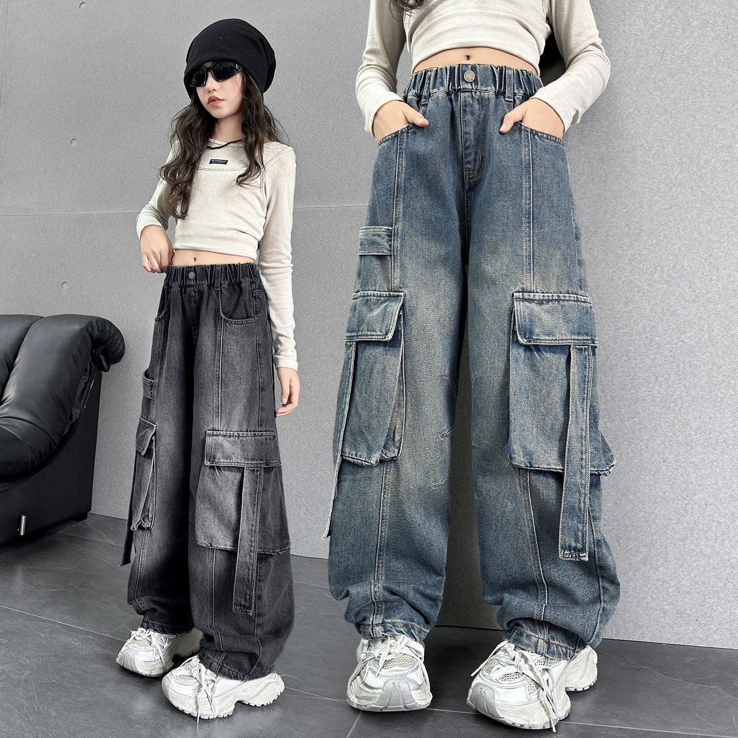 儿童大童直春秋阔腿裤女童宽松2026酷飒风新款筒裤牛仔工装裤春季