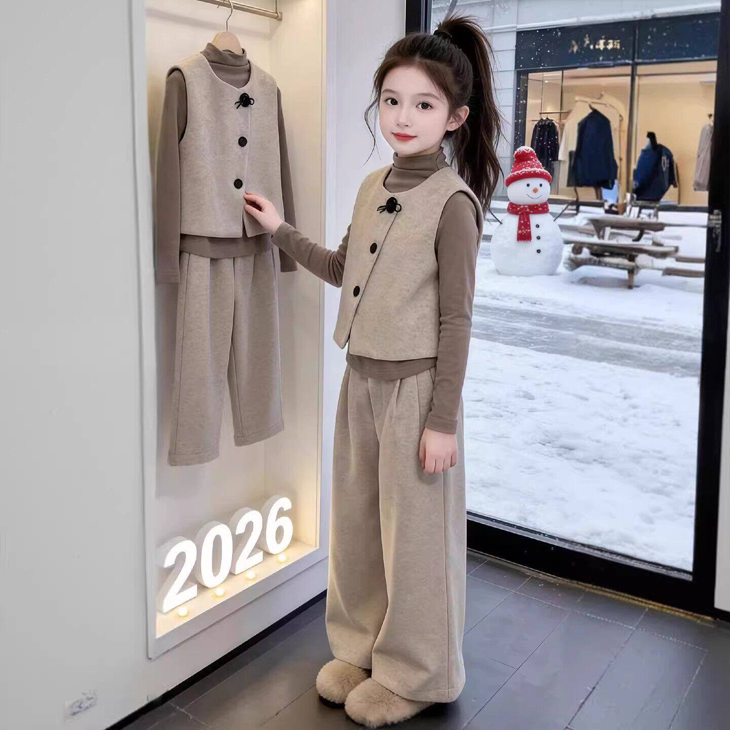 春装女童马甲三件套小小女孩洋气阔腿裤2026套装新款香风儿童春季