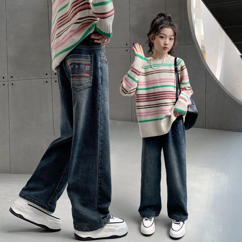牛仔裤新款初中生加绒女孩阔腿裤春秋儿童直筒中大童女童长裤秋冬
