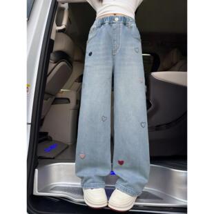 春秋季女童爱心中大童裤2026新款裤子窄版阔腿牛仔裤洋气儿童刺绣