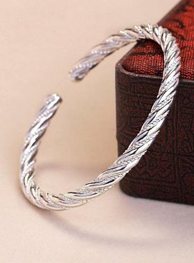足银9999编织麻花圆棍开口实心手环时尚OL小众年轻款纯银手镯