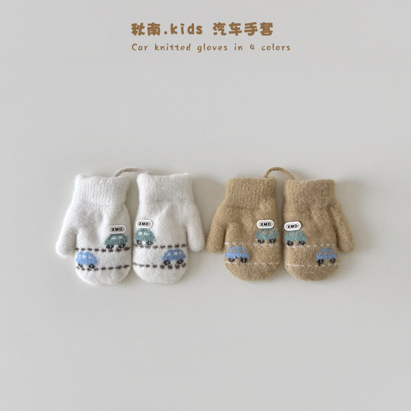 韩国儿童手套冬季新款小汽车男宝宝加厚包指防寒防风保暖挂脖手套