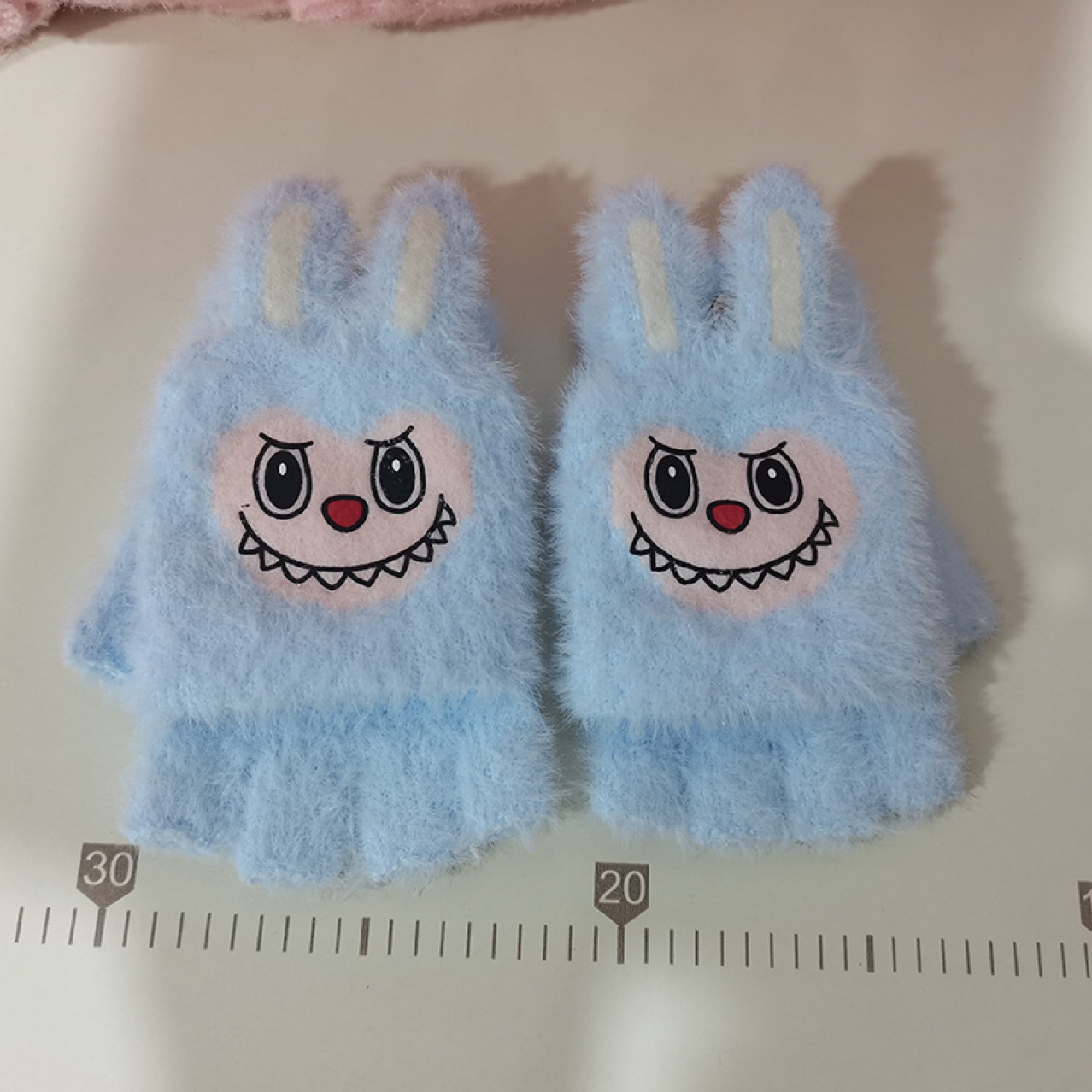 新款冬季保暖加绒加厚儿童毛绒手套卡通兔子宝宝半指翻盖手套新款