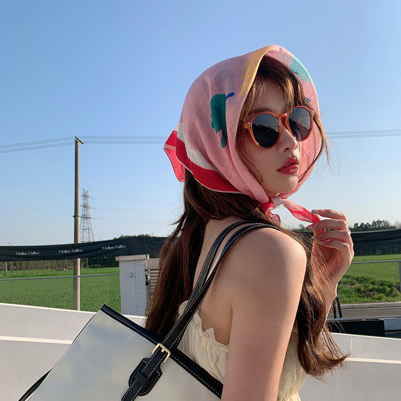 甜美可爱棉麻小方巾春秋防晒包头巾洋气百搭碎花装饰围巾小丝巾女