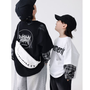 男童白色卫衣春秋款儿童长袖假两件2026新款男孩痞帅时髦T恤上衣