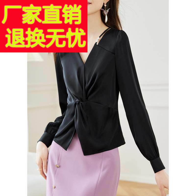 2024春装新款设计感扭结修身收腰衬衫短款知性黑色V领短款上衣女