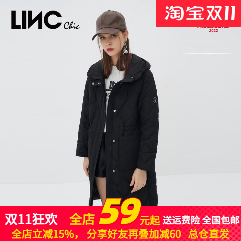 LINC金羽杰2022秋冬新款风衣感连帽简约中长款羽绒服女Y22808207