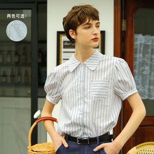 ECRU SOLI 素白已然 夏 日杂女孩 法式彼得潘领条纹泡泡袖短袖