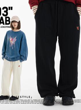 青岛03零叁 刺绣抽绳松紧百搭运动休闲显瘦女直筒裤阔腿卫裤裤子