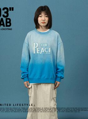 青岛03零叁 做旧水洗复古美式宽松渐变标语刺绣印花套头圆领卫衣