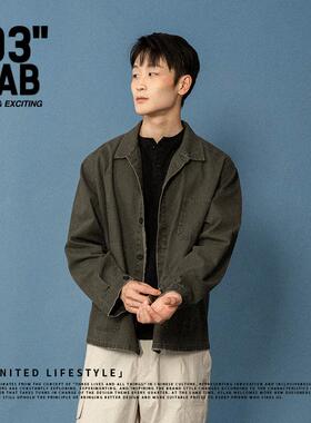 青岛03零叁 宽松百搭水洗简约刺绣复古做旧破洞衬长袖衫外套夹克