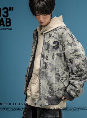 青岛03零叁 美式宽松复古贴布双面穿迷彩MA1刺绣空军夹克棉服外套