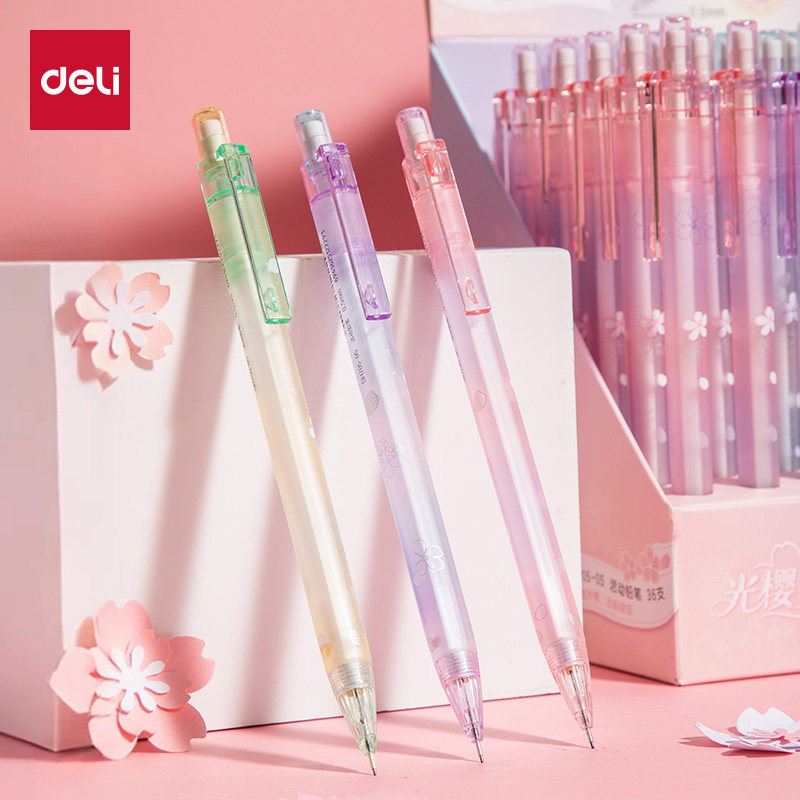 得力SH705樱花塑料活动铅笔0.5/0.7mm小学生高颜值书写按压式铅笔
