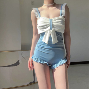 新款 夏荷叶边保守高腰性感超仙日系蝴蝶结泳衣 纯欲风连体泳装