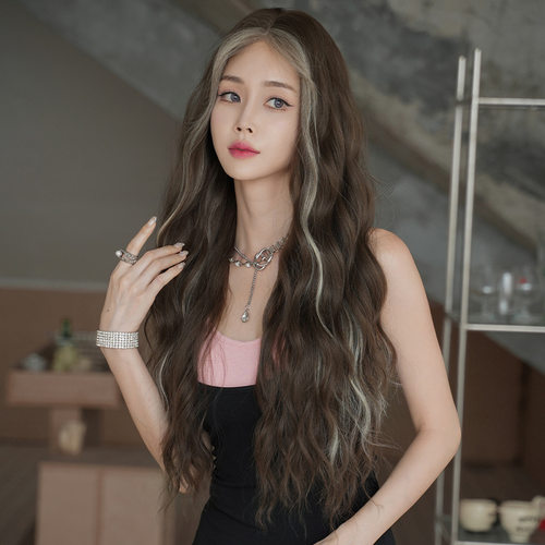 厂家假发女长卷发中分亚麻色挑染整顶头套前额蕾丝一字手织