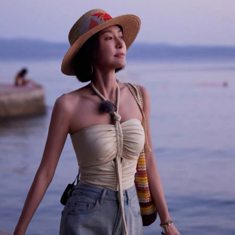 2024明星同款抽绳调节设计连体三角裤紧身露背性感度假风泳衣