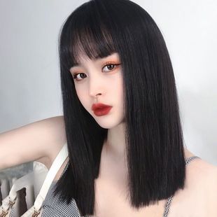 黑长直假发女中长发蓬松漫画空气刘海一刀切齐刘海无痕短款全头套