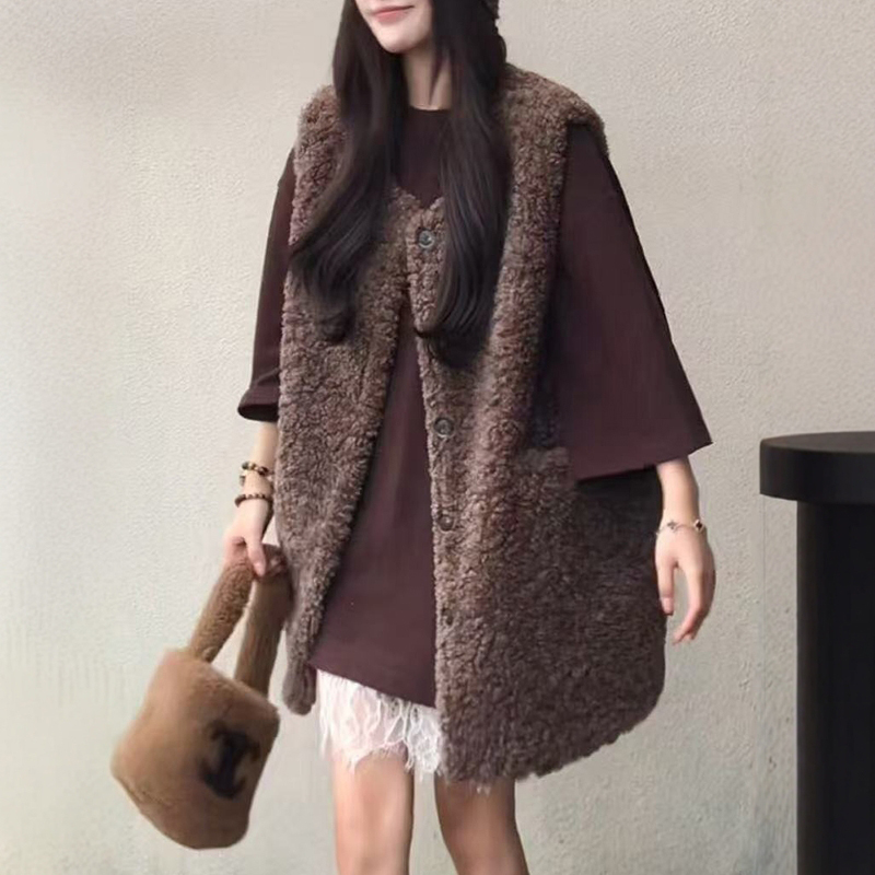 欧货羊羔毛马甲女2025秋冬新款宽松加厚一体坎肩气质背心外搭外套