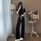 阔腿长裤 2025超火运动套装 休闲减龄显瘦露肩短袖 时尚 两件套 女夏季