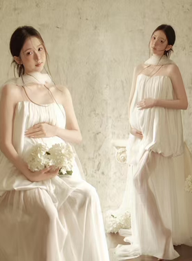 影楼孕妇照新款摄影服装唯美孕妈咪抹胸白色高级感大肚照连衣裙影