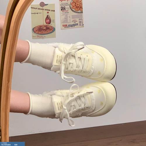 软羊皮~黄色德训鞋女2025夏季平底阿甘鞋圆头泡芙板鞋运动休闲鞋