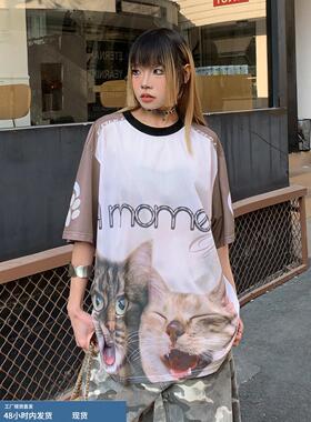 酷拽少女大脸猫HelloKitty印花短袖T恤女夏季25新款凉感半袖上衣