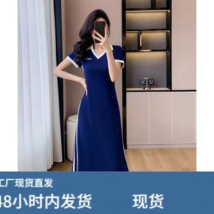 过膝及踝超长款T恤裙女夏季休闲运动收腰显瘦polo洋装开叉长裙