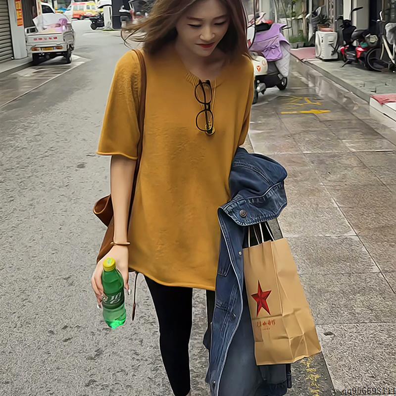 2025年春秋新款懒惰风宽松时尚韩系百搭圆领短袖针织衫休闲上衣女