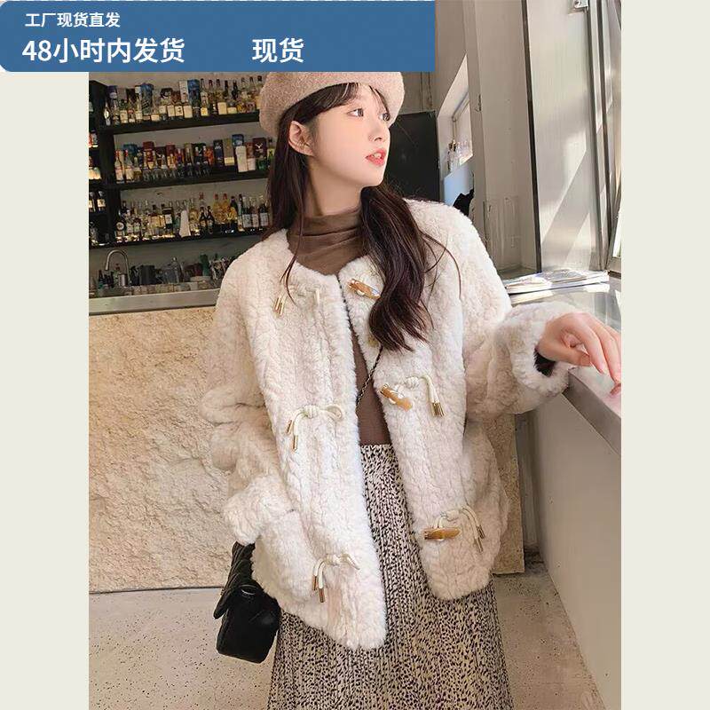 米白色小香风羊羔毛外套女2025新款秋冬季小个子保暖毛毛绒短大衣