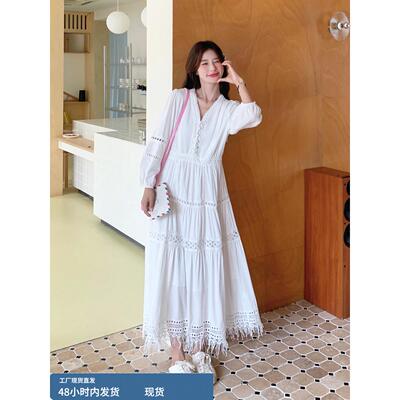 法式白色流苏长袖连衣裙女春秋2025新款甜美温柔风白月光初恋长裙
