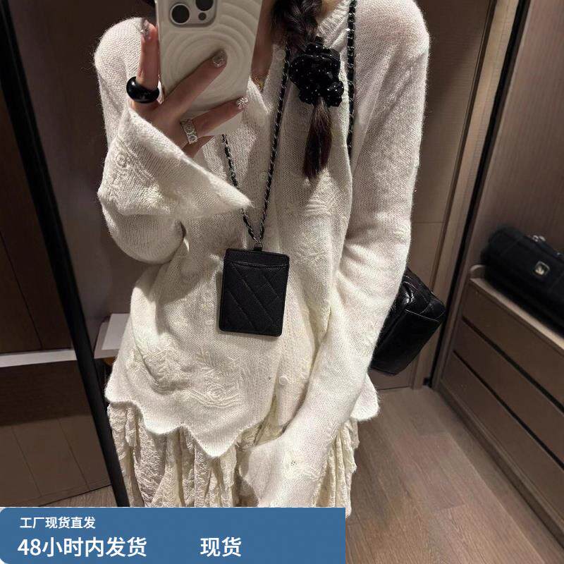 微胖大码法式提花刺绣花边针织开衫女秋季宽松设计感毛衣外套上衣