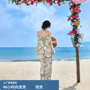 一字肩碎花抹胸连衣裙女雪纺性感露肩绝美穿搭三亚海边度假沙滩裙