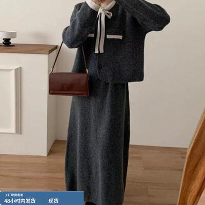 高级感针织套装女秋冬大码胖mm法式巨好看毛衣外套半身裙两件套装