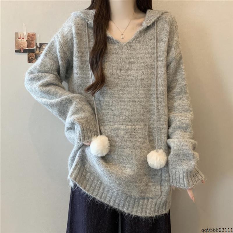 慵懒风V领连帽针织衫女秋冬大码胖mm显瘦中长款毛衣外套宽松上衣