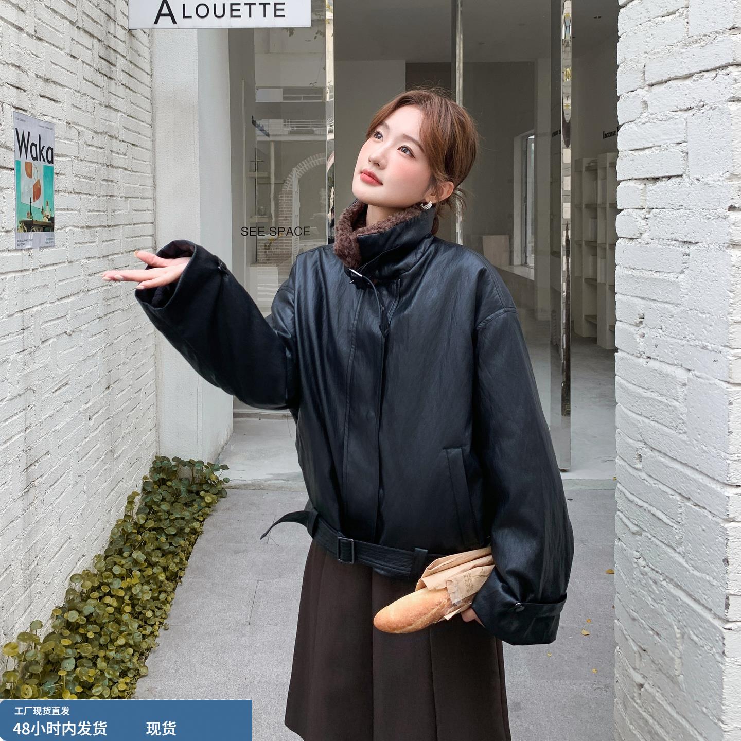 黑色港风夹棉加厚蛋白皮外套女秋冬季2025年新款酷飒帅气保暖夹克