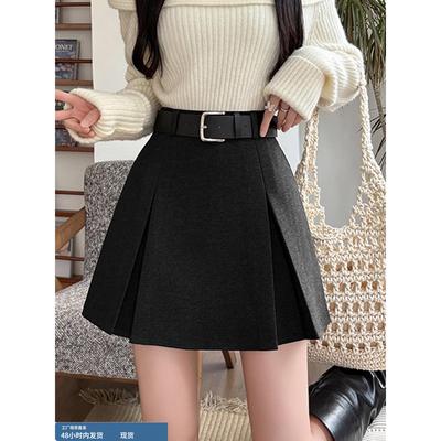 黑色毛呢短裙女秋冬季小个子加厚a字百褶半身裙2025新款高腰半裙