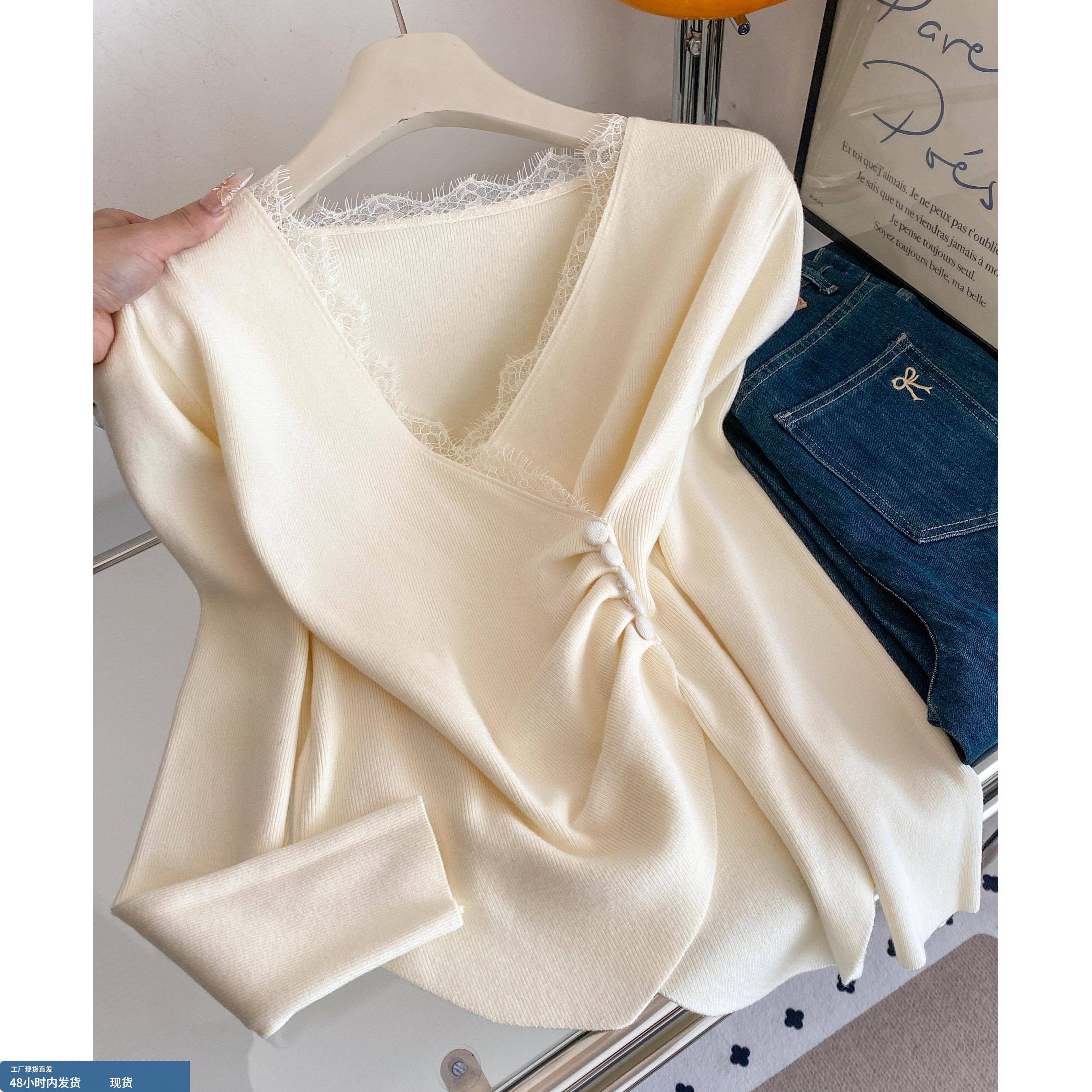 自留款推荐~蕾丝花边交叉V领针织衫女秋冬新款不规则褶皱收腰上衣